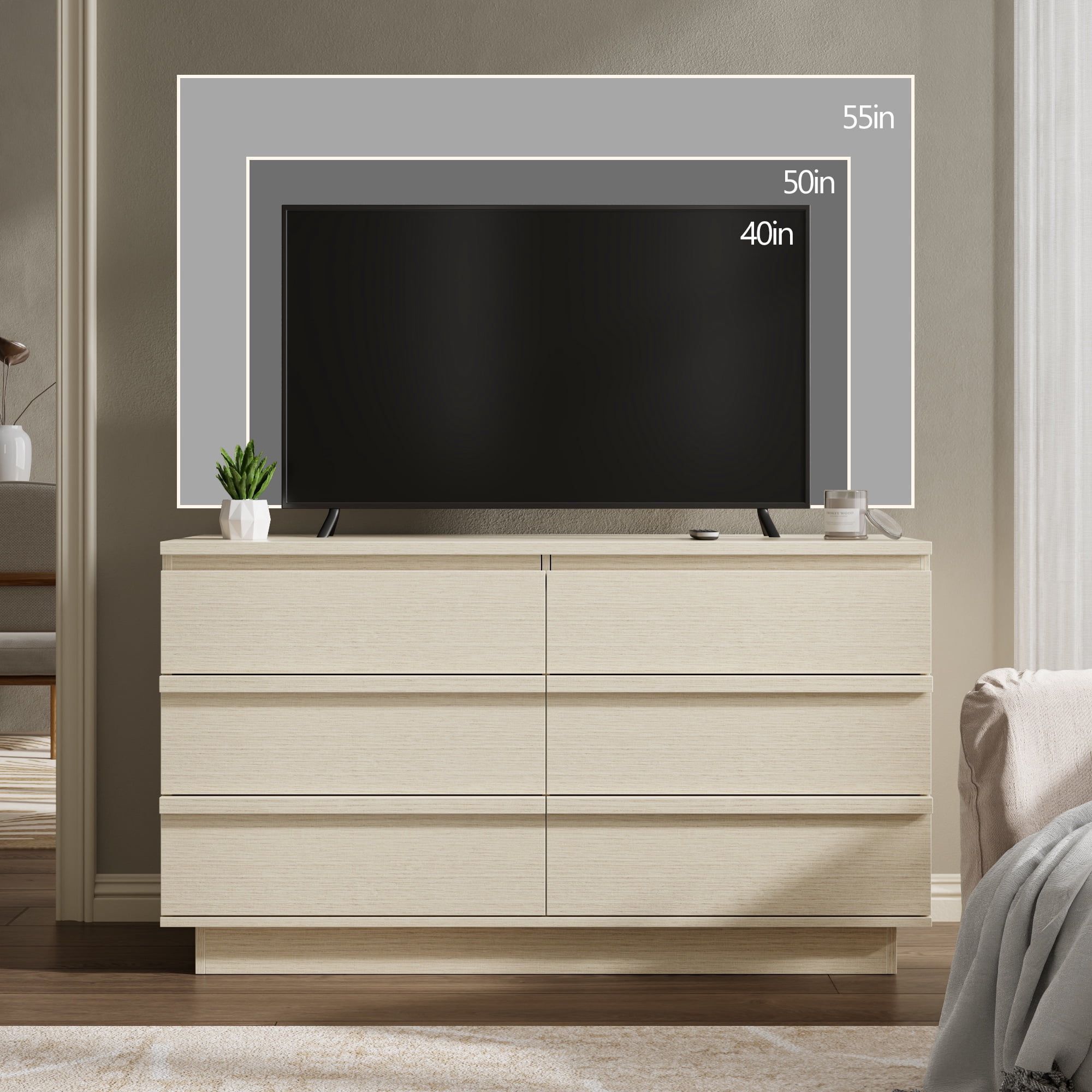 Satifur 6-Drawer Dresser, 47.2 Inch Wide Beech Wood TV Stand & Storage Cabinet for Living Room Bedroom