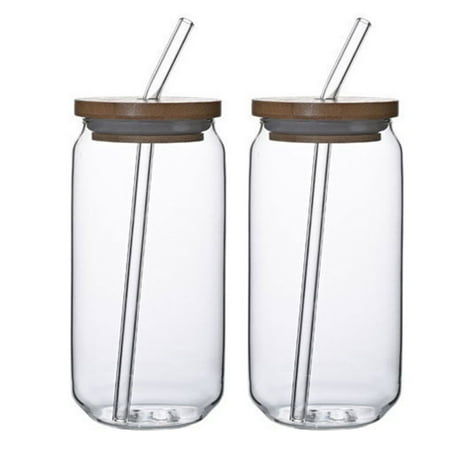 

Aosijia 2 Pack Drinking Glasses with Bamboo Lids and Glass Straw Glass 18.5oz Bottles Milk Cup Iced Coffee Mug Cute Beer Can Glass 550ml