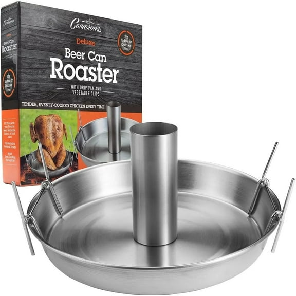Camerons Deluxe Stainless Steel BBQ Beer Can Chicken Roaster w/Vegetable Clips - Barbecue Grill Poultry & Veggies Together on Poultry Holder- Indoor Outdoor Use