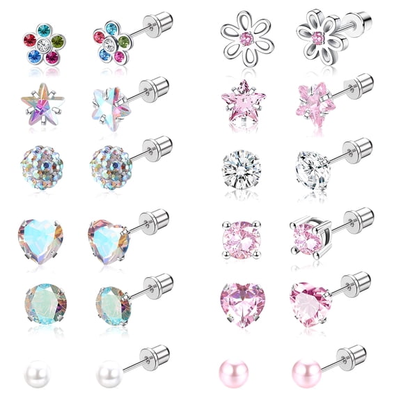 12 Pairs Surgical Stainless Steel Spiral Flat Back Earrings Set, Cute CZ Pink Heart Star Piercing Cartilage Titanium Stud Party Earrings for Women Adult