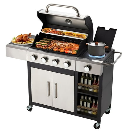 U-HOMY 4-Burner Propane Gas Grill, 49,000 BTU Stainless Steel BBQ Grill with Side Burner & Cabinet, Porcelain-Enameled Cast Iron Grates for Outdoor & Backyard Cooking