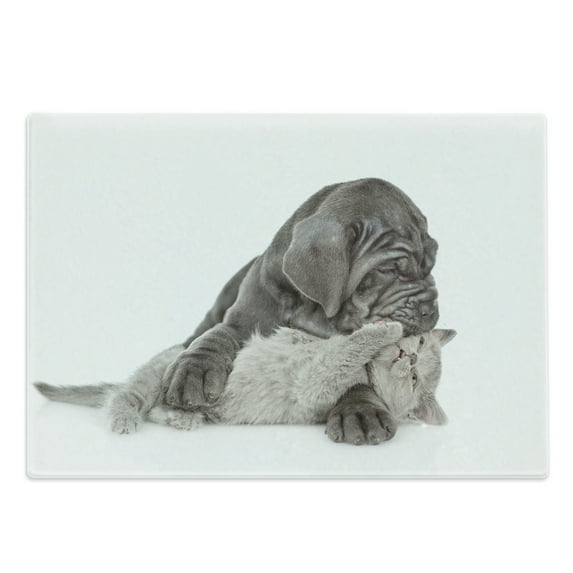 Dog and Cat Cutting Board, Mastiff Puppy Hugging a Cat Cozy Friendly Passionate Feelings, Decorative Tempered Glass Cutting and Serving Board, in 3 Sizes, by Ambesonne