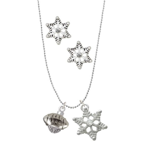 Delight Jewelry Silvertone Football Spinner Silver tone Snowflake Charm Necklace and Stud Earrings
