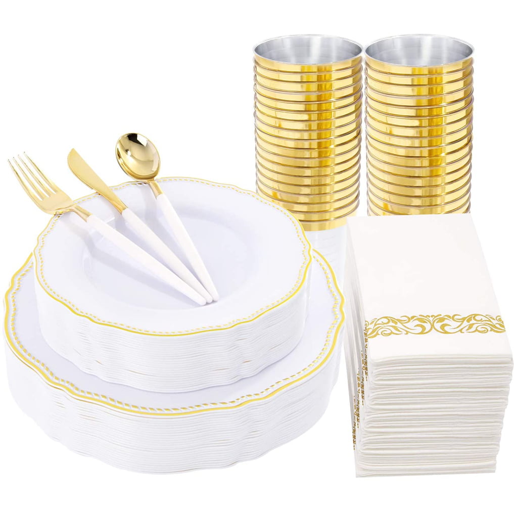 Nervure 175PCS Clear Blue Plastic Plates 25Knives 25Forks 25Spoons 25Napkins for Weddings & Parties Gold Plastic Plates Sets for 25 Guests Include 25Dinner Plates 25Dessert Plates 25Cups 