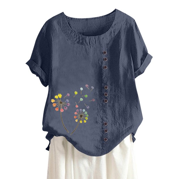 Gibobby Blusa de Trabajo de Manga Corta Camiseta lino y algodón para mujer, camisetas informales holgadas con estampado, blusas tipo túnica con botones tal(Marina,XL)