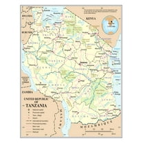 Palmetto Posters 24x31 Laminated Poster: Large detailed political and administrative map of tanzania with roads railroads cities national parks and airports