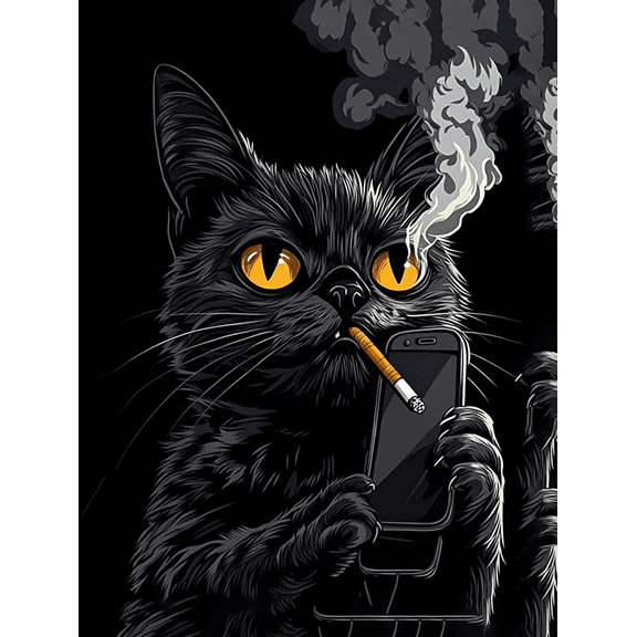 Cool Black Cat Smoking and Using Phone Canvas Art Print,Suitable for Living Room,Bedroom,Office,Study,Apartment Decoration