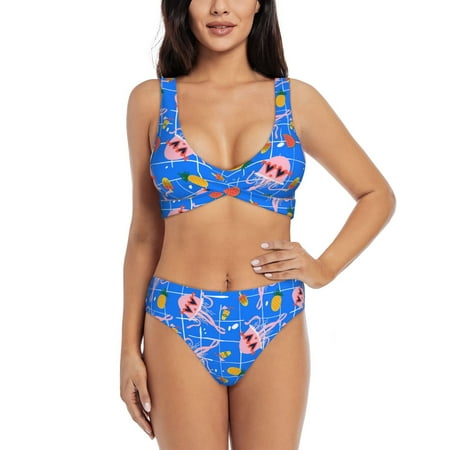 Zeuib Tropical Jellyfishes High Waisted Tummy Control Bikini Set - Knot Front Push Up Top & Cheeky Thong Bottom  Two-Piece Swimsuit for Women-X-Large