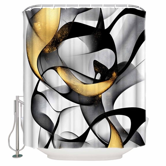 Black and Gold Line Shower Curtain, 60" x 72", Abstract Art Modern Geometric Waterproof Bathroom Curtain Washable Shower Curtain Set with 12 Hooks