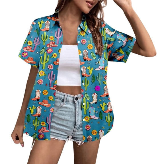 YANGXINX Women's Hawaiian Button Down Shirts Summer Tropical Floral Printed Short Sleeved Collared Tops Casual Beach Vacation Clothes Outfits