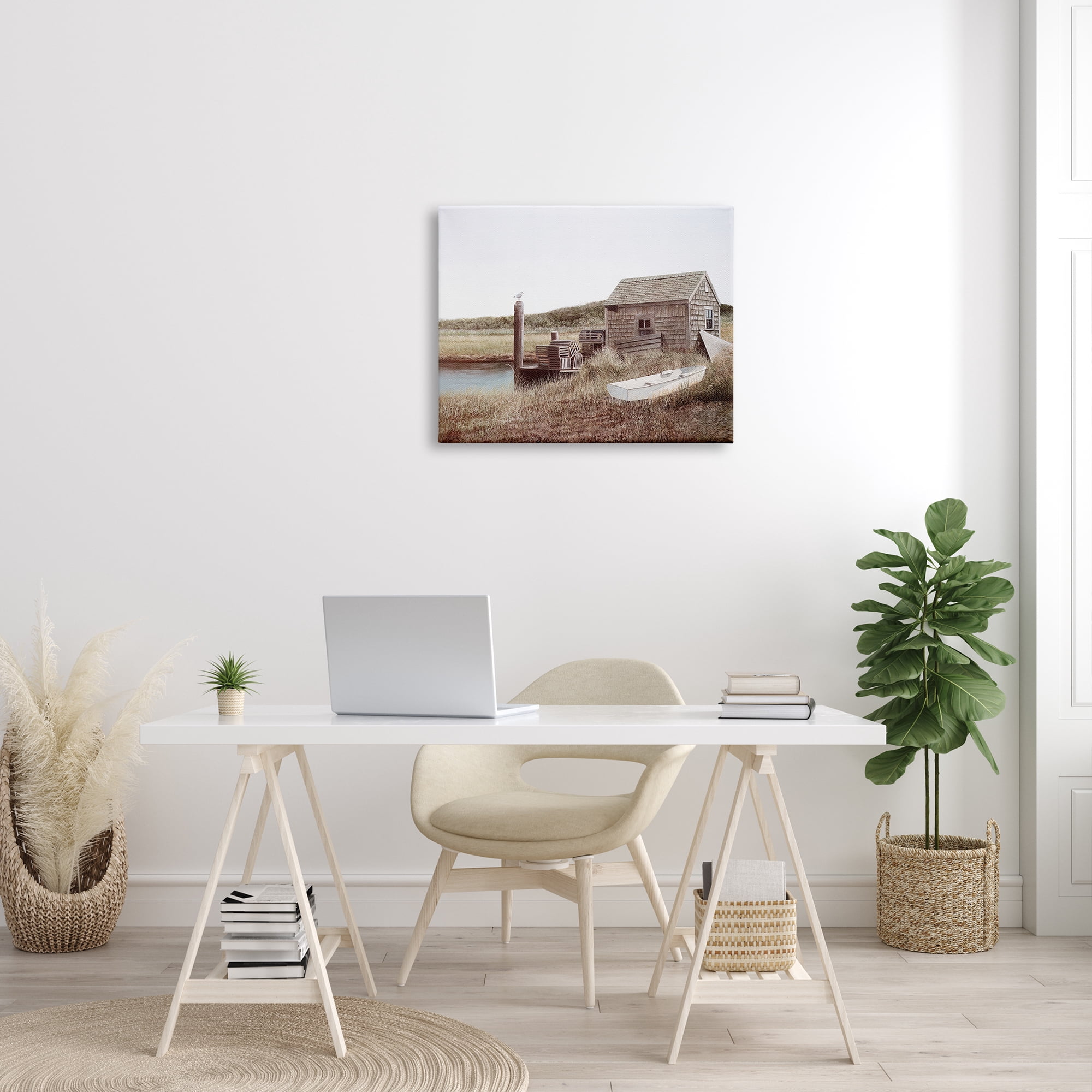 Stupell Industries Rural Seaside Cabin Seagull Perched Canoe Boat Painting Gallery Wrapped Canvas Print Wall Art, Design by Tom Mielko