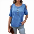 thumbnail image 2 of Blusas con Hombros Descubiertos para Mujer, Grandes, Cuello en V, Corta, Ropa de Verano, Túnicas Abotonadas, Azul, 4XL, 2 of 7