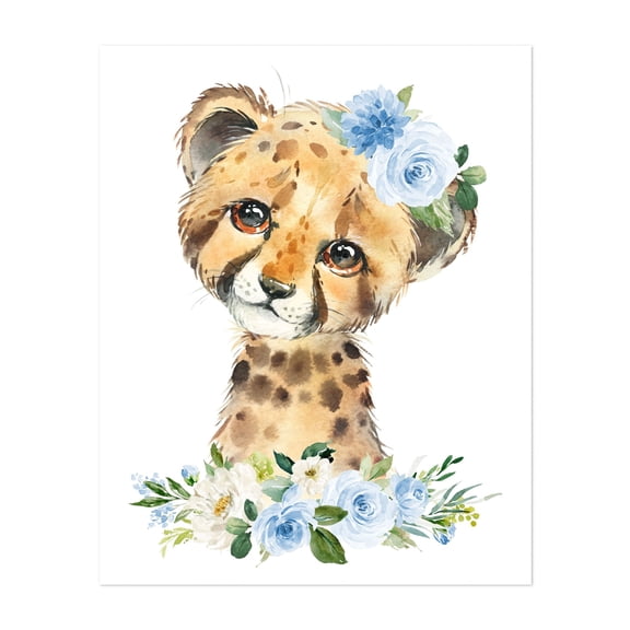 Cheetah, Jungle Animals, Safari Animals, Blue Flowers, Boy Nursery - Illustration Animal Watercolor Floral Wildlife Whimsical Unframed Wall Art Print 6 x 8 inches
