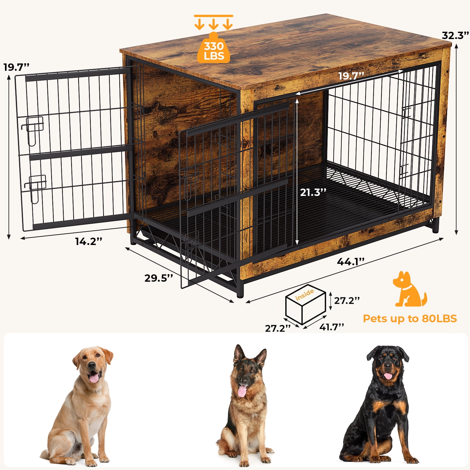 Arlopu Large Steel Wire Dog Cage with Indoor Kennel, MDF Furniture