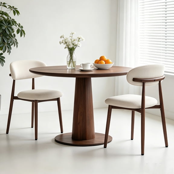 ClinQ Dining Chairs Set of 2, Modern Upholstered Kitchen Chairs with Curved Backrest, Thick Linen Fabric Cushion and Wood Grain Metal Legs, Beige