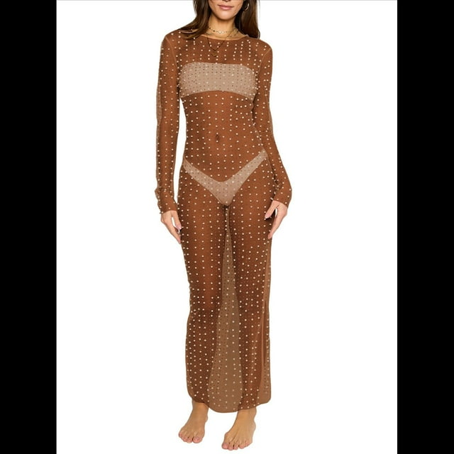 Vestido de Transparente con Perlas y Diamantes de Imitación para Mujer. Traje de Baño Tipo Bikini. Color Café M
