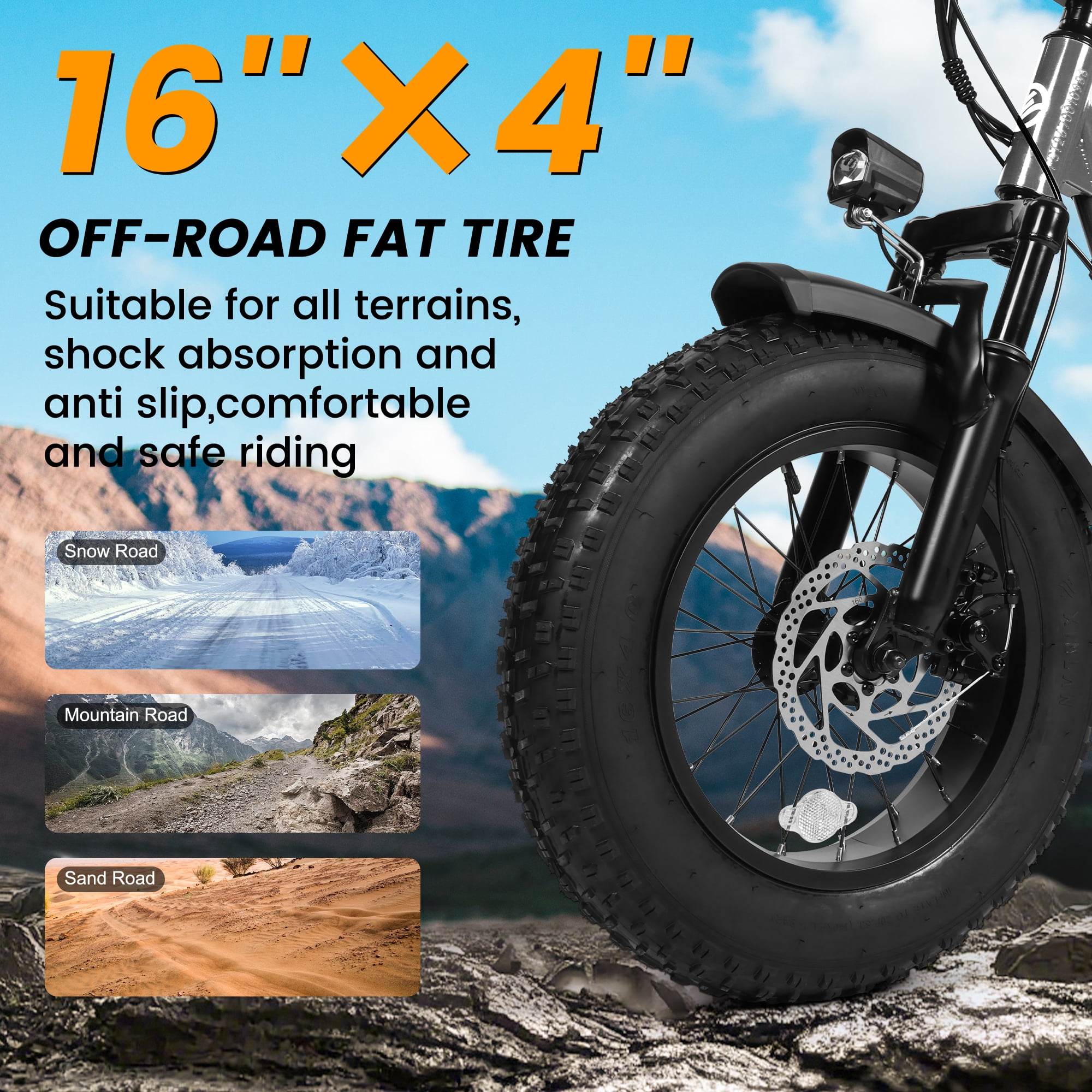 ESKUTE Electric Bike for Adults & Teens, 750W Motor (1500W Peak), 28MPH Speed, 48V 13Ah Battery, 16"x4.0" Fat Tires, 7-Speed, Front Suspension, All-Terrain EBike Gray