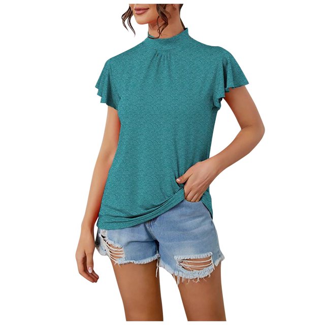 AherBiu Plus Size Tops for Women Summer Casaul Trendy Ruffle Sleeve Tops High Neck Loose Comfy Shirts