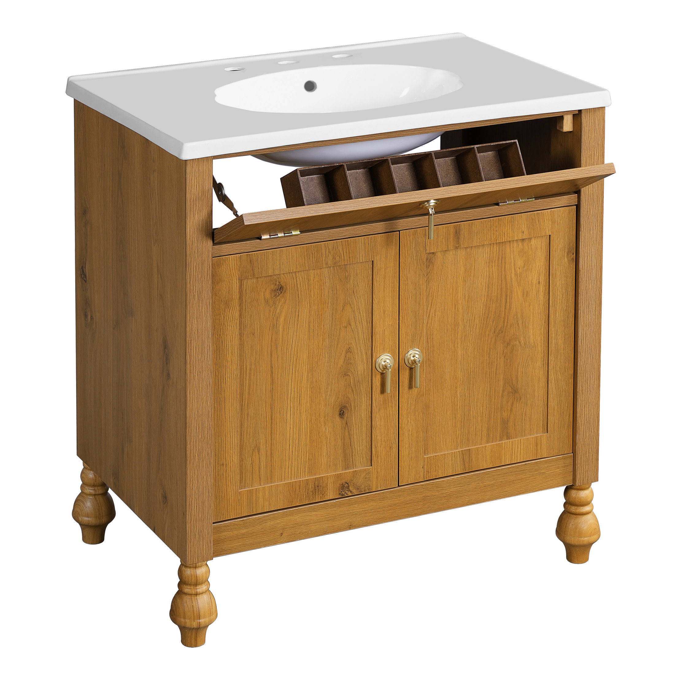 Christopher Knight Home 30" Bathroom Vanity with Seashell Resin Sink, Flip-Up Storage and Soft-Close Doors, Brown