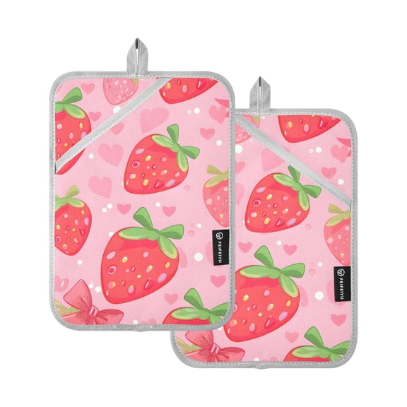 Pot Holders Set of 2 Heat Resistant 338℉ Kitchen Oven Gloves Potholder Cooking Baking Microwave Mitts Strawberry and Heart
