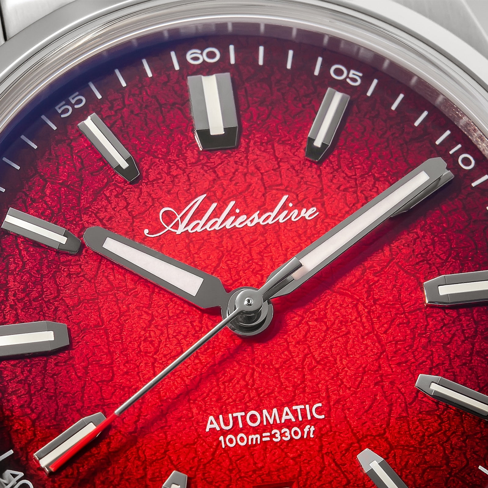 ADDIESDIVE Men's Automatic Stainless Steel Watch, Japanese Movement, 100m Waterproof Dive Watch  3D Crack Red Dial, BGW9 Luminous