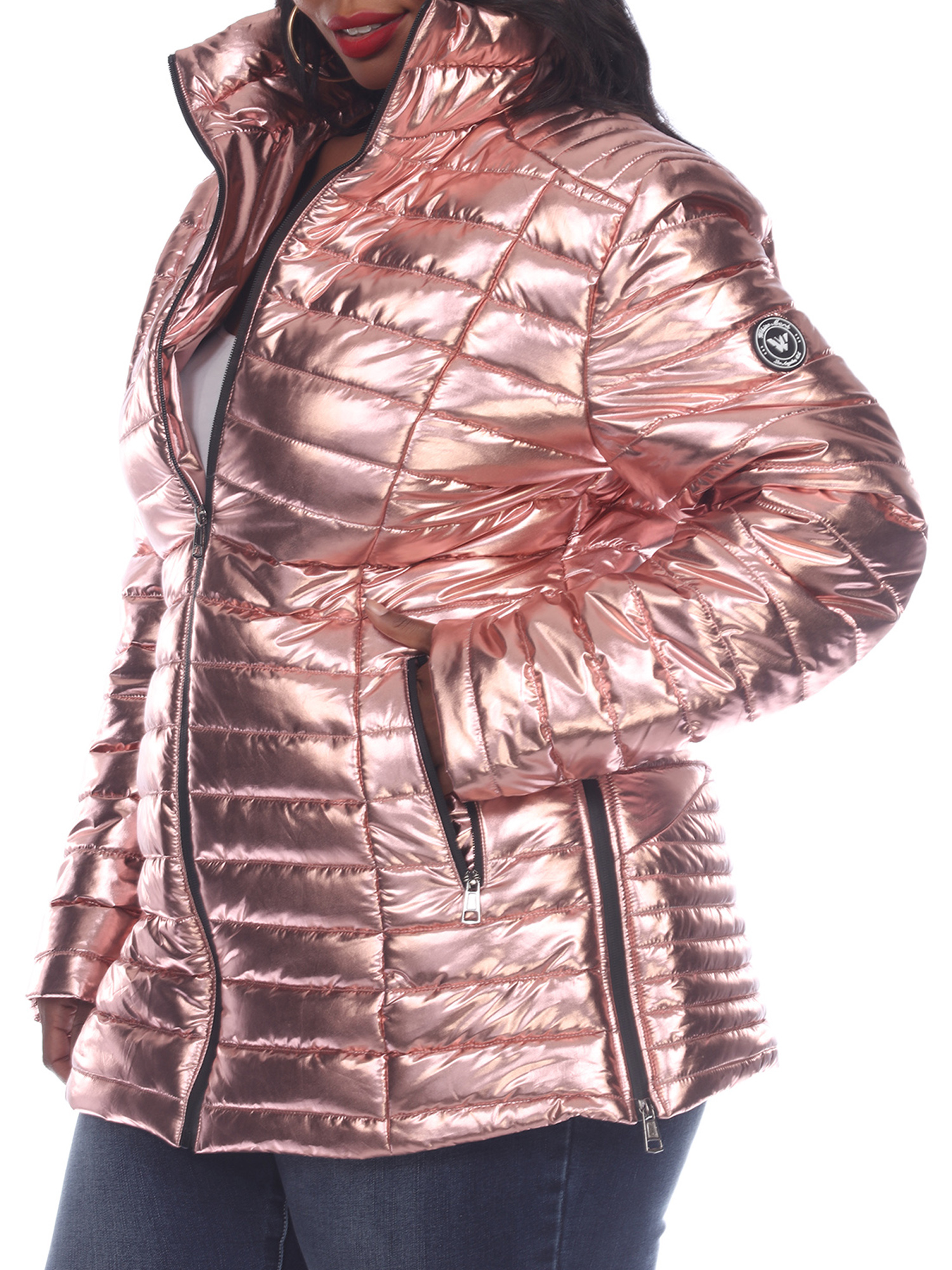 Plus Size Metallic Puffer Coat With Hoodie Silver 1x - White Mark : Target