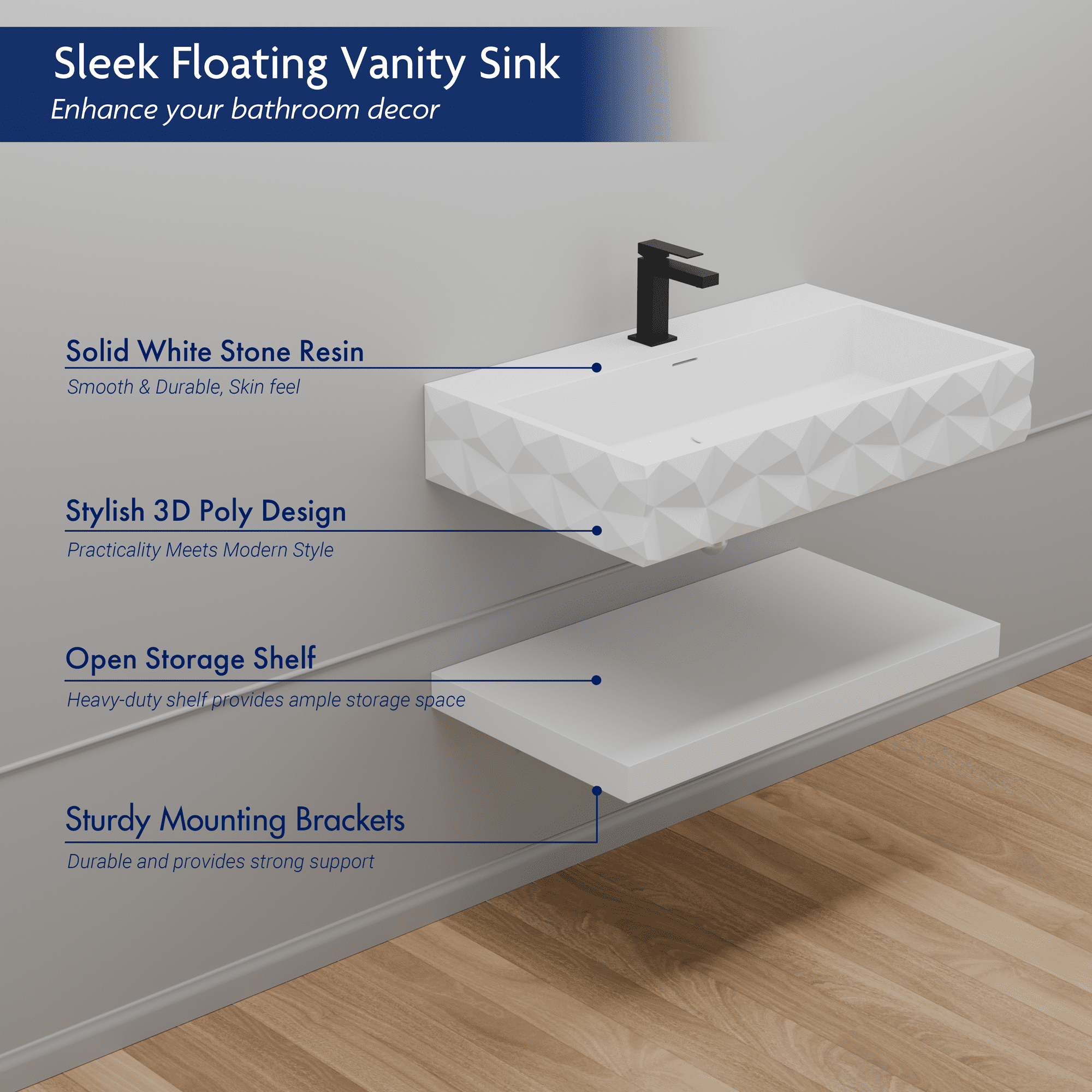 GESIPOR 32"x19" Wall-Mount Stone Resin Bathroom Vessel Sink Rectangular for Bathroom Floating Vanity with Sink Modern Art Basin with Shelf Layer