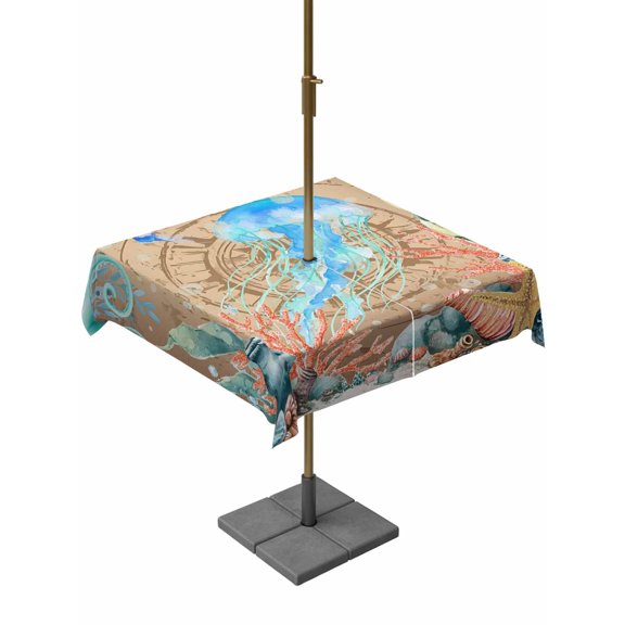 Outdoor Tablecloth with Umbrella Hole for Patio/Picnic/Party/Camping, Jellyfish Coastal Waterproof Table Cloth Square Cover Washable, Summer Nautical Starfish Coral Brown Anchor (54"x 54")