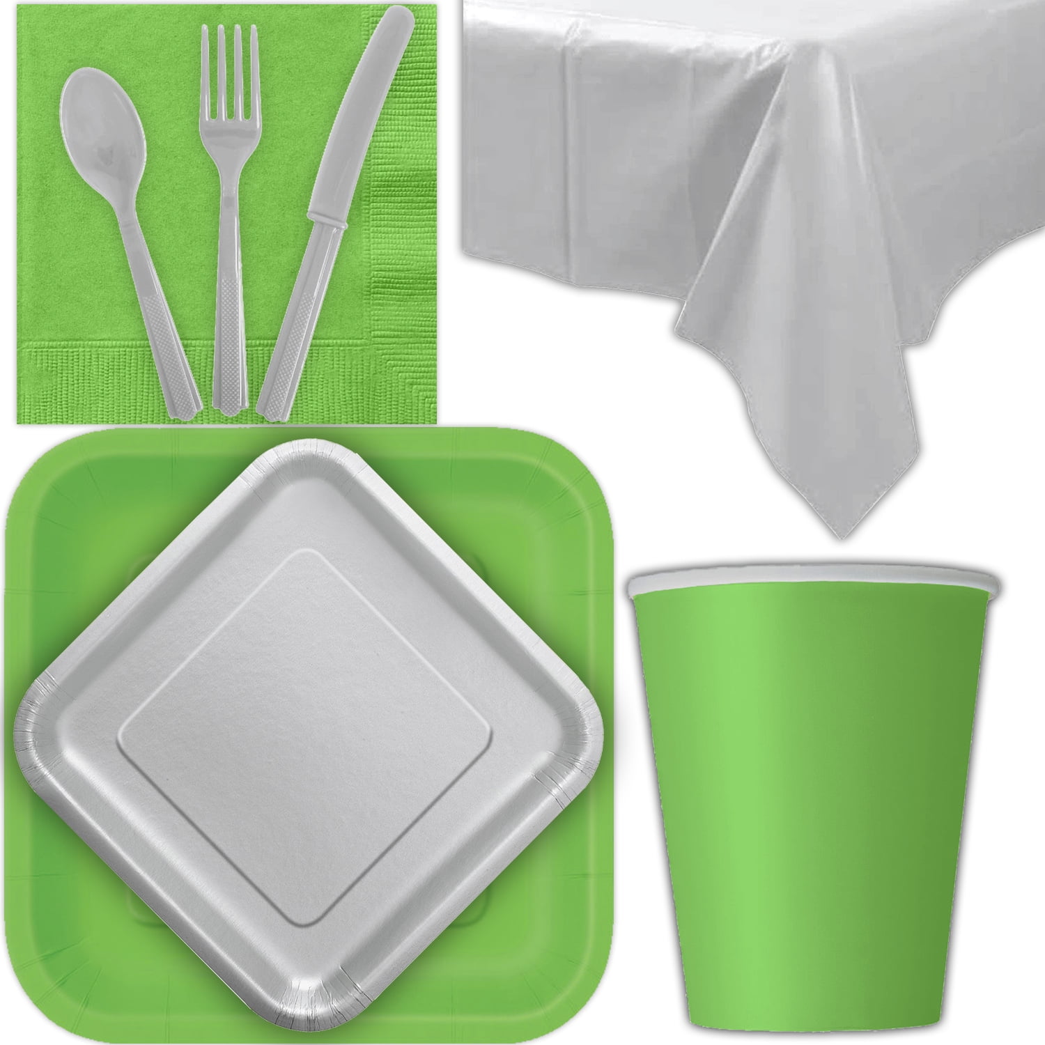 Disposable Party Supplies for 28 Guests Lime Green and Silver