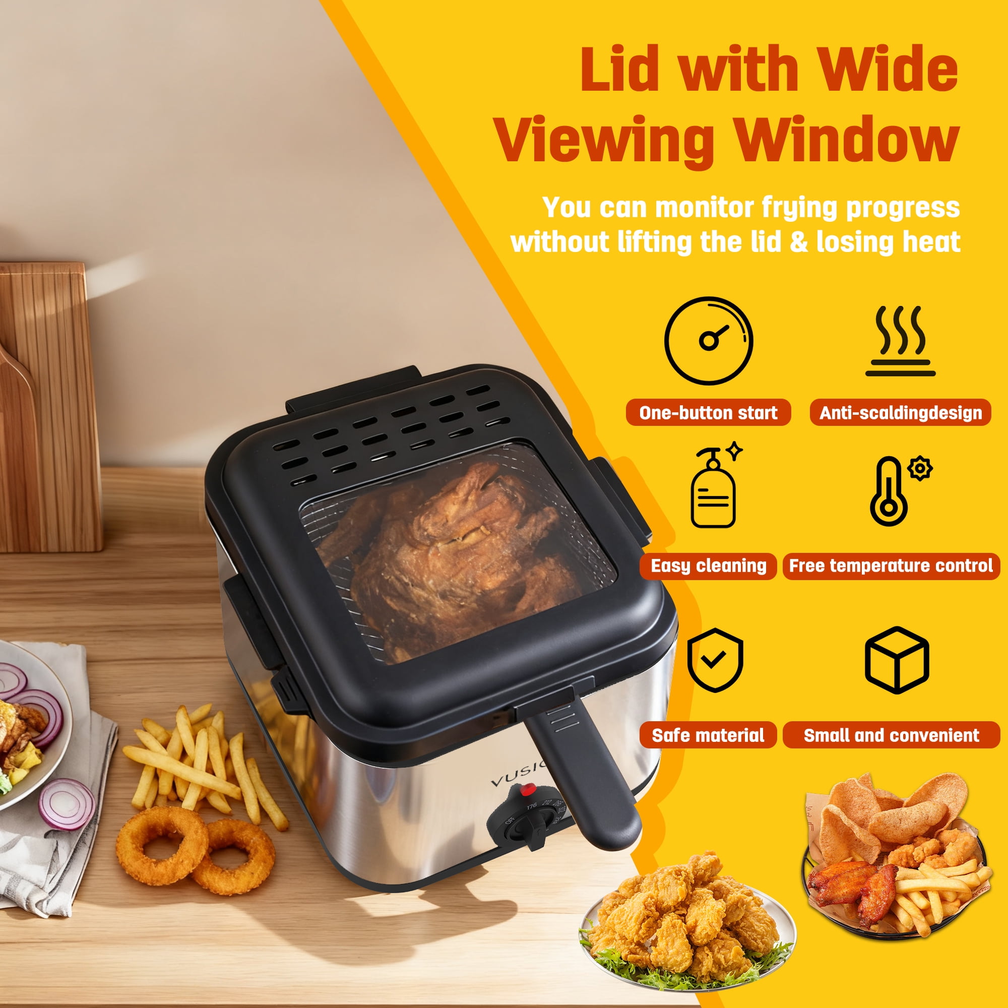 VUSIGN Electric Deep Fryer with Basket, 2.5QT Electric Fryer with Adjustable Temp & Timer,1000W,Easy-View Window,Stainless Steel