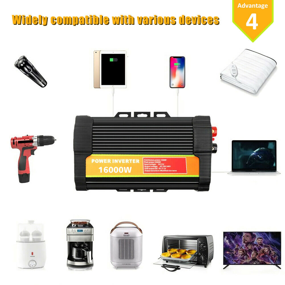16000W Peak Power Inverter, DC 12V to AC 110V Car Inverter Transformer, Car Adapter with LED display, USB Port Battery Clips, Car Cigarette Lighter Socket for Car Truck Solar Power