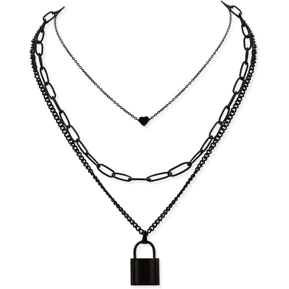 Women's Zinc Alloy & Stainless Steel Gothic Black Layered Necklace Heart & Lock Pendant, Y2K Emo Necklace