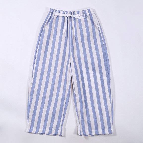 OOOUM Kids Striped Pants Drawstring Waist Loose Lounge Trousers With Pocket Soft Stretch Comfy Casual Trousers Blue 5-6 Years