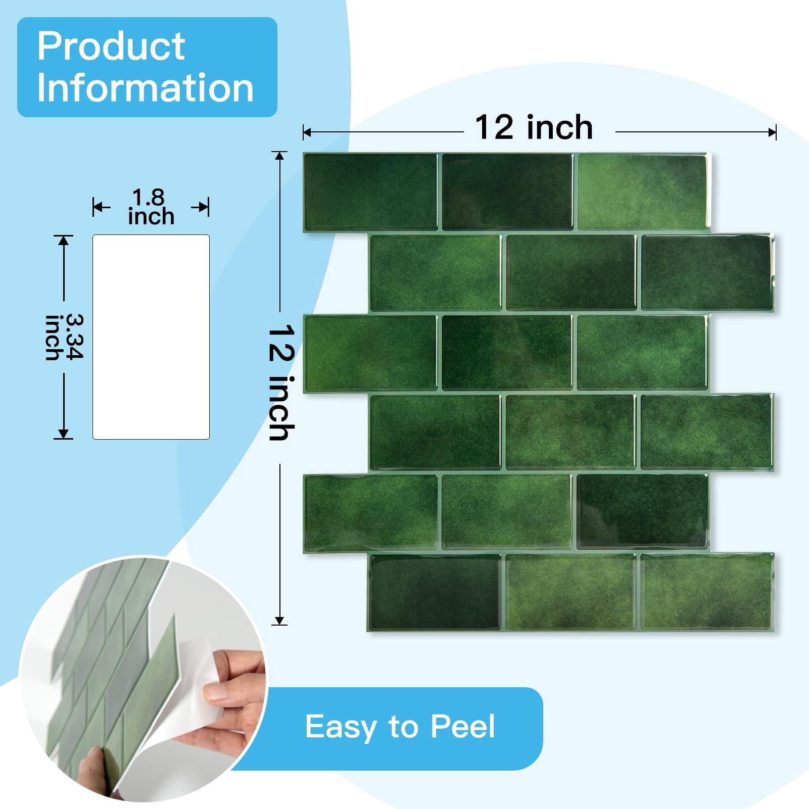 Peel And Stick Green Wall Tiles - 12"x12" Thicker Design Backsplash  Self-adhesive Tile For Kitchen & Bathroom Renovation