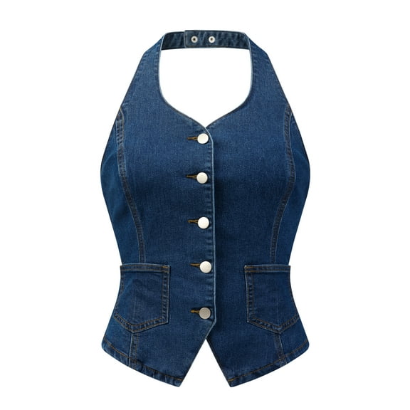 DARING DIVA Women's Halter Neck Button Down Backless Jean Waistcoat XS Dark Blue