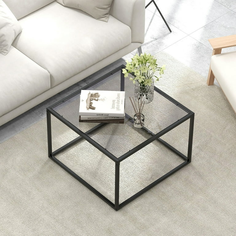 Gymax Glass Coffee Table 27.5 Inch Modern Square Metal Frame
