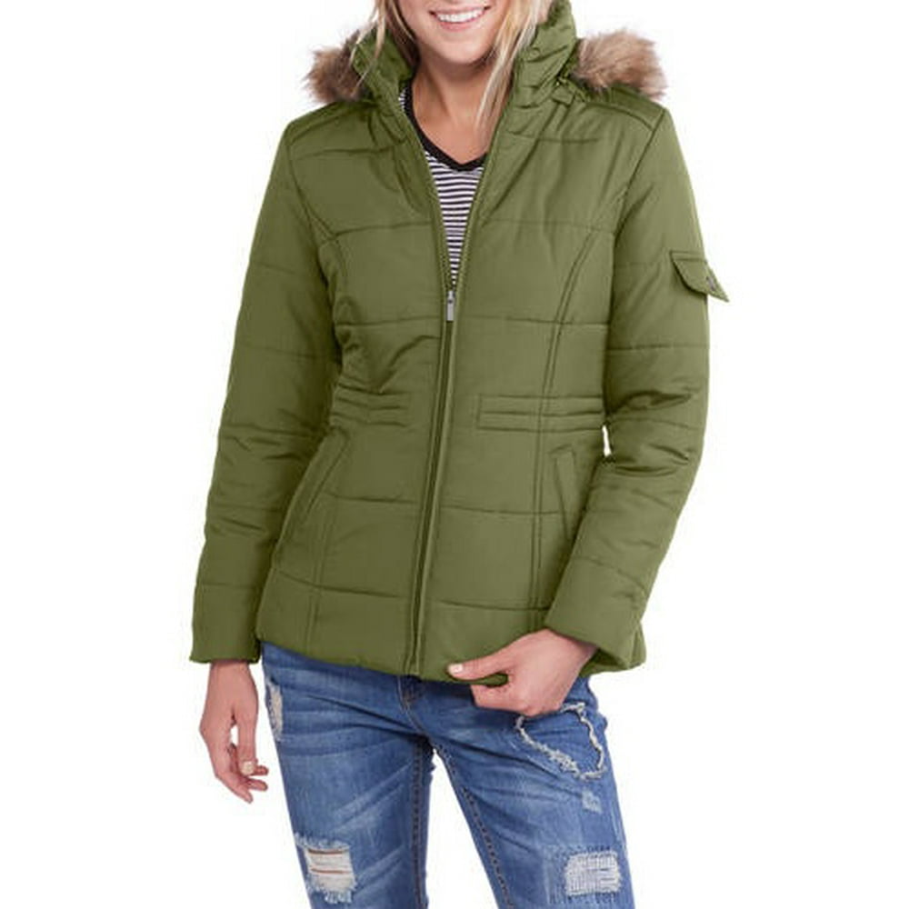 Faded Glory - Women's Quilted Puffer Jacket with Fur-Trim Hood ...