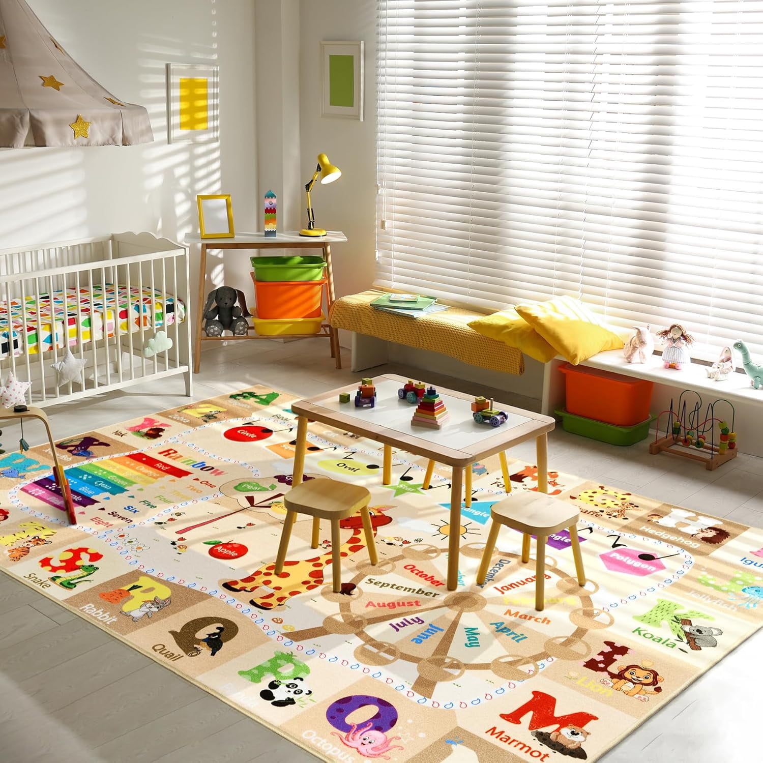 Noahas Playroom Rug Daycare Kids Rug 6x9,Educational and Fun Nursery Rug with ABC Alphabet Animals Classroom Rug Washable Kids Play Mat Baby Toddler Children Boys Rugs for Bedroom,Beige