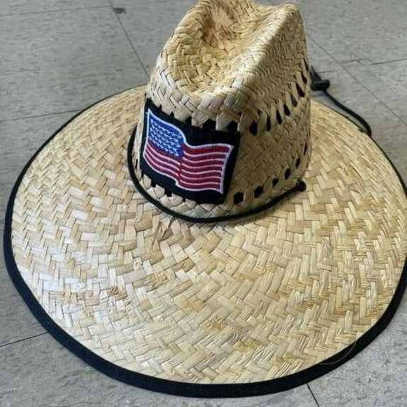 USA FLAG Large Natural Straw Hat Lifeguard Beach Gardening Summer from Mexico - New with box/tags