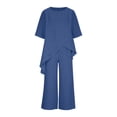 thumbnail image 4 of Dazajoo Summer Sets Women 2 Piece Outfits Linen Half Sleeve Crewneck Asymetrical Hem Tops Matching Wide Leg Palazzo Pants Lightweight Flowy Loungewear,Blue,L, 4 of 8