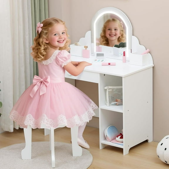 IDEALHOUSE White Dressers, Vanity Table Set, LED Mirror, 1 Drawer, Stool, Makeup Desk, Storage Shelves, Bedroom, Playroom, Girls Makeup Desk, Gifts for Ages 3-9, Furniture