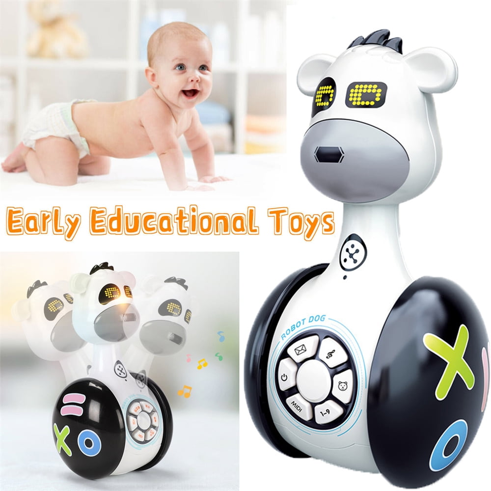 MoBeauty Cute Tumbler Doll Roly-Poly Baby Toys with Rattles LED Light Toddler Sound Learning Early Education Musical Toys for Babies 6 Months+ Wobbler Toy Baby Robot Dog 