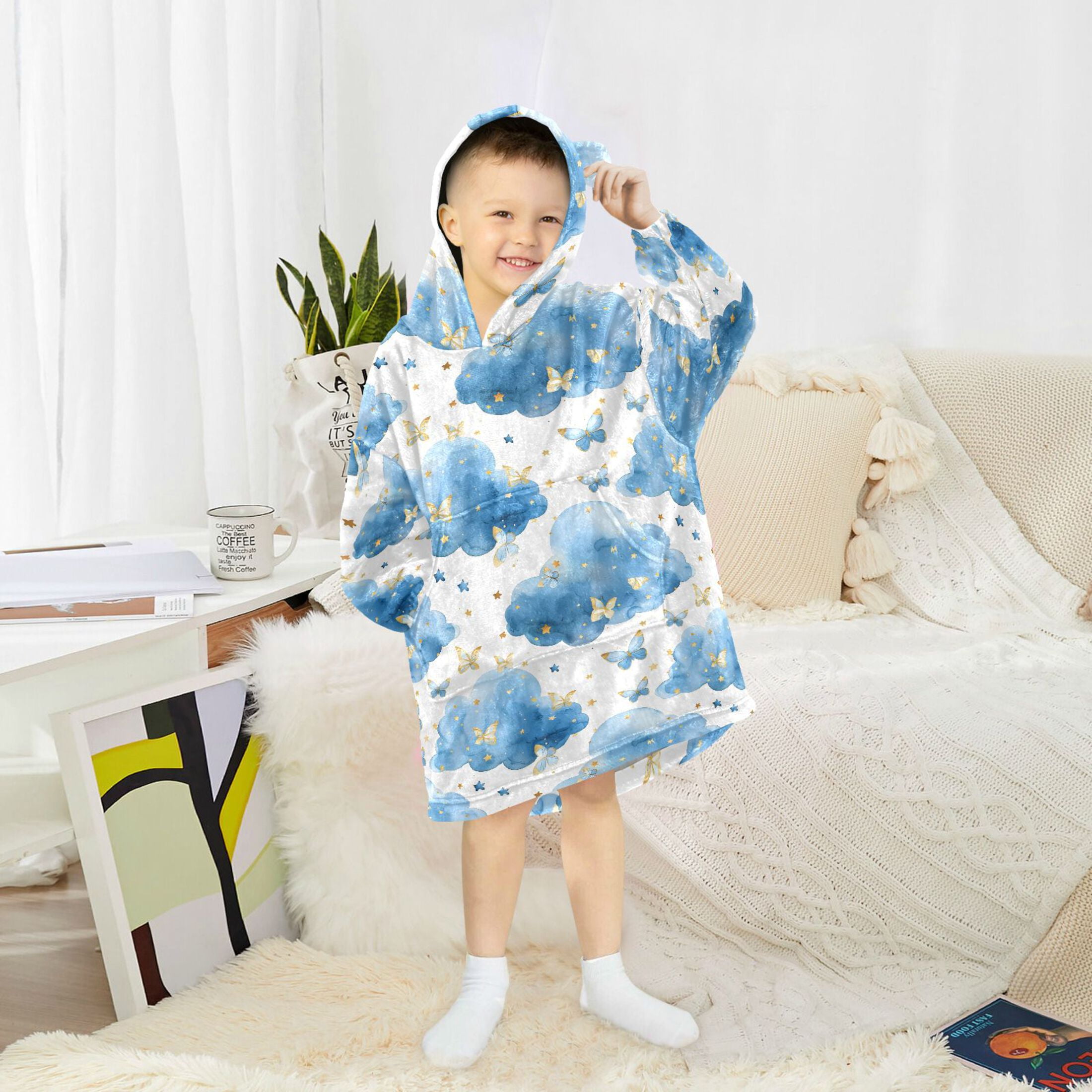 Dailycode Wearable Blanket Hoodie Oversized Sherpa Flannel Blankets with Pocket for 3-14 Year Old Butterflies and Cloud