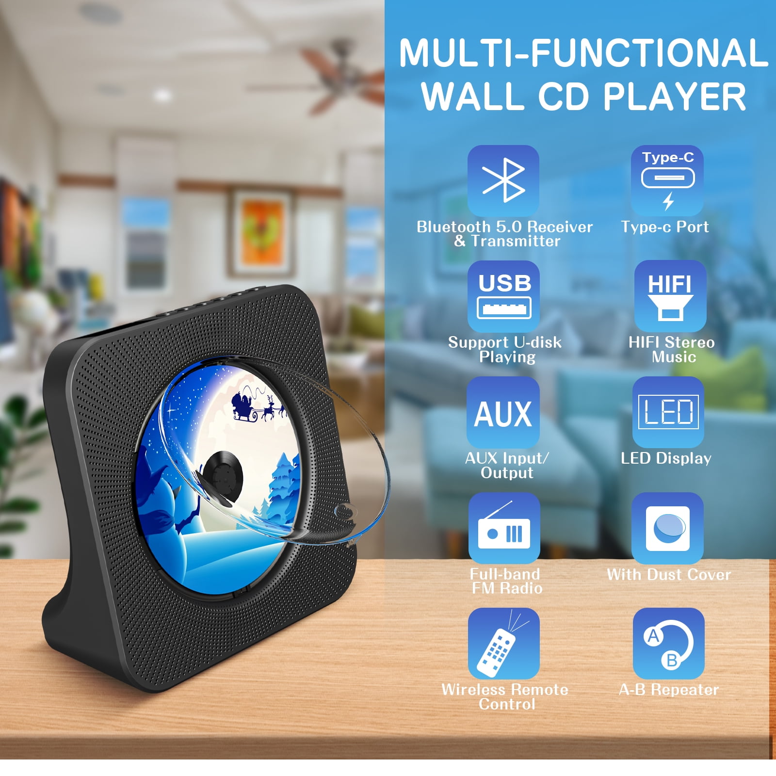 Qoosea Desktop CD Player Portable with Bluetooth,Dual Stereo Speakers, CD Music Player for Home with Remote Control