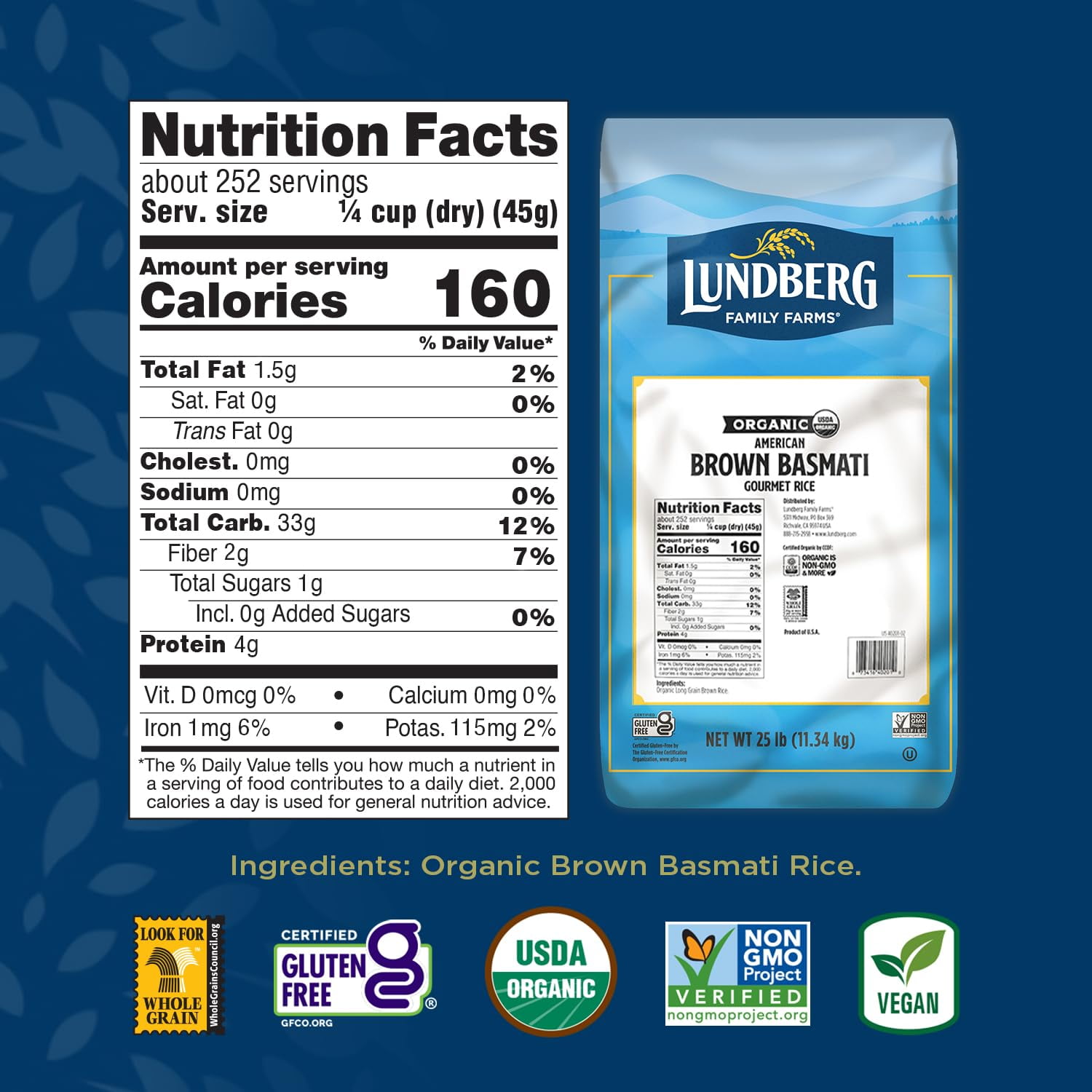 Lundberg Basmati Rice, Organic Long Grain Brown Rice - Non-Sticky, Fluffy Aromatic Rice, Healthy Food, Bulk Rice Grown in California, Pantry Staples, 25 Lbs