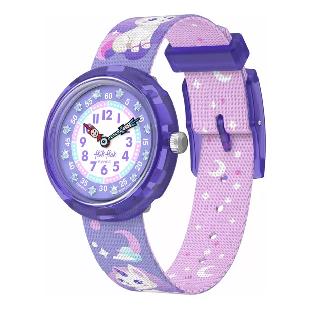 Reloj Flik Flak Cosmicat Zfbnp233 Correa Púrpura Bisel Púrpura Fondo Púrpura