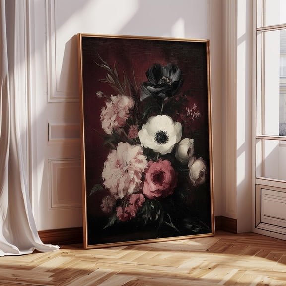 Dark Floral Still Life Poster, Vintage Botanical Art Home Decor, 8x12 UNFRAMED