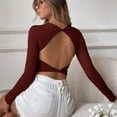 thumbnail image 2 of SWSMCLT Women's Sweater Knit Long Sleeve Crop Top Soft Backless Casual Crewneck Winter Cropped Top Ribbed Burgundy Large, 2 of 4