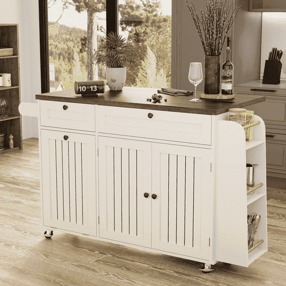 60.2'' Kitchen Island with Storage & Power Outlet, Rolling Kitchen Island on Wheels with Drop Leaf & Trash Can Storage, with 3 Spice Rack & Towel Rack