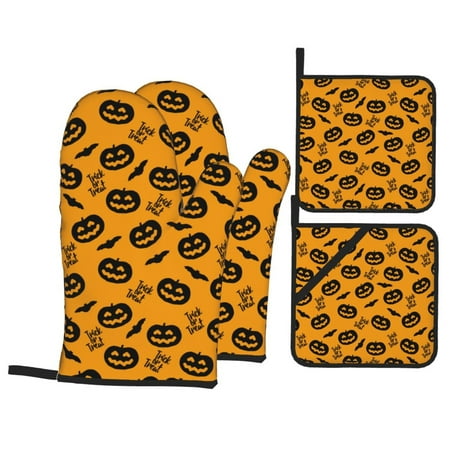 

Oven Mitts and Pot Holders Sets 4 pcs halloween pumpkins cute Non-Slip Oven Gloves Potholders Soft Quilted Lining Heat Resistant Gloves Hot Pads for Kitchen Cooking Baking